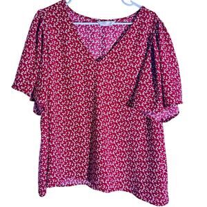 Lauren Conrad Red Heart Print Flutter Sleeve Blouse V-Neck Size XL